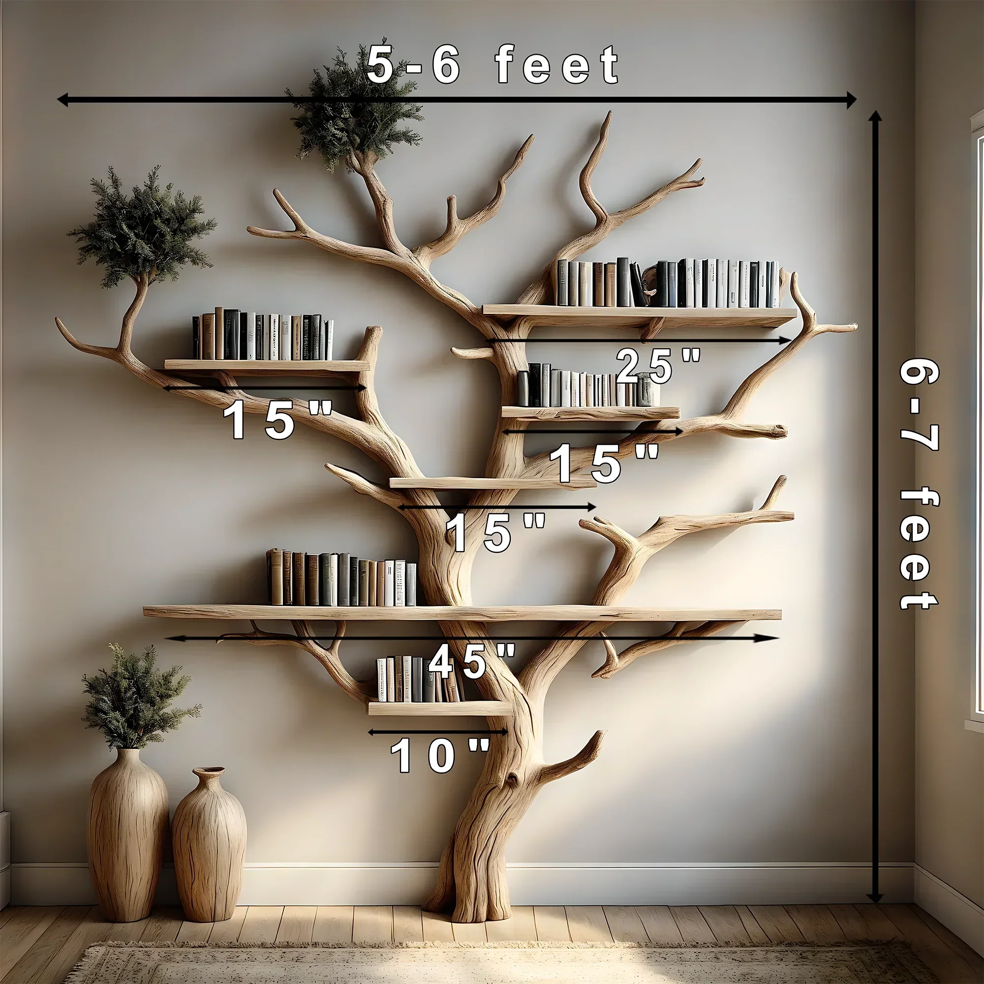 Natural wooden tree-shaped bookshelf decorates the living room with tree branches and solid wood furniture 