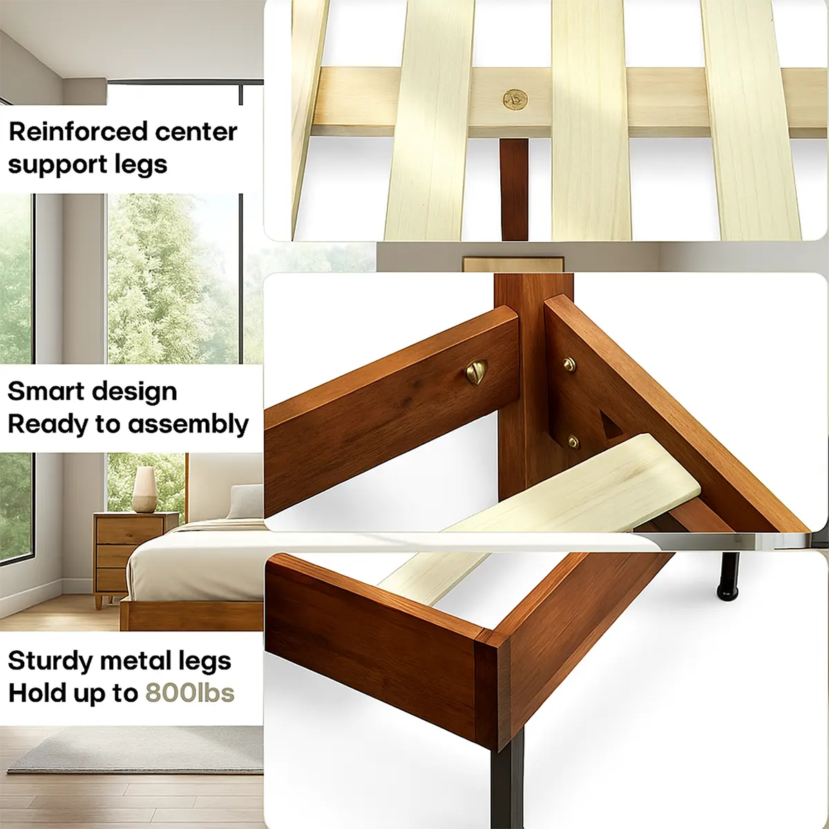 Natural Wood Bed Modern Design - Sturdy, Luxurious - Rustira
