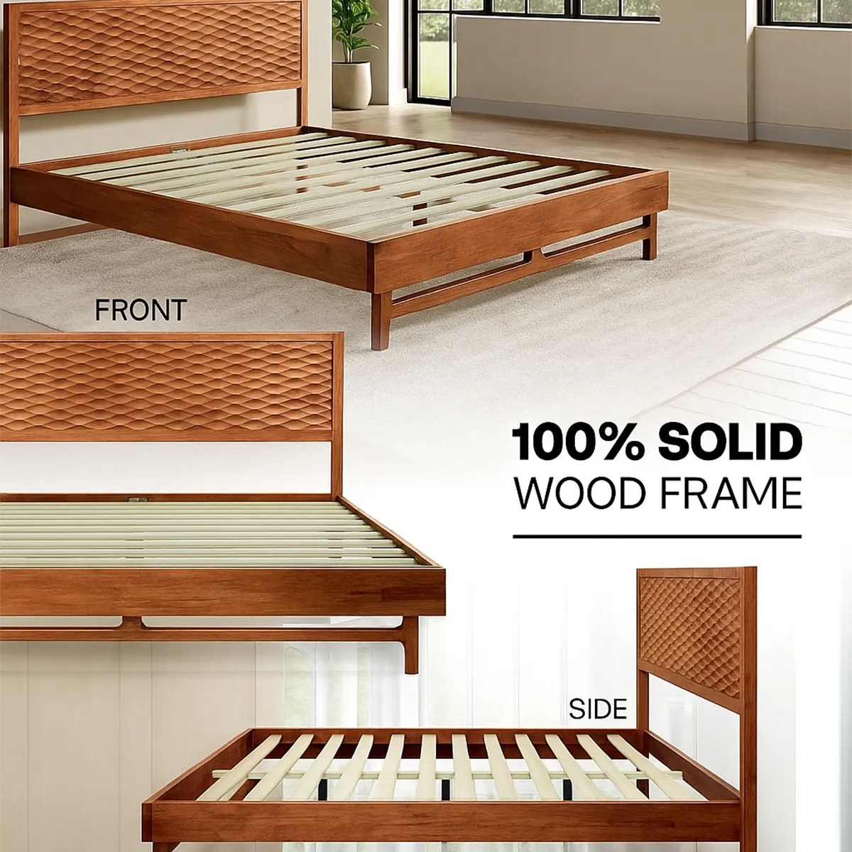 Natural Wood Bed Modern Design - Sturdy, Luxurious - Rustira