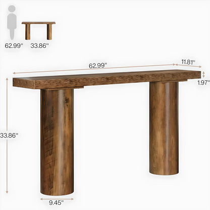Natural Wood Console Table with Round Pillar Legs – 63 Inches Long, Modern Style 