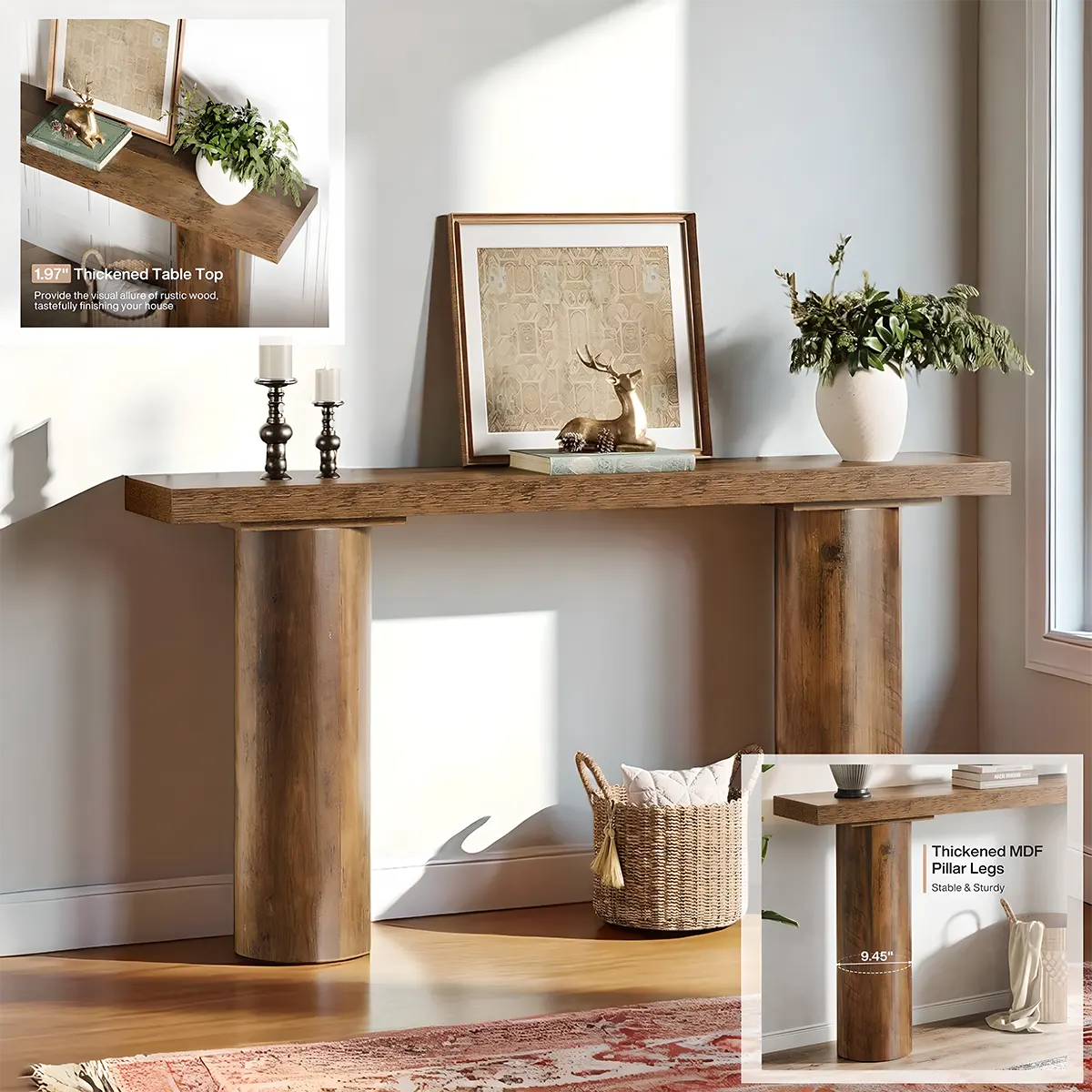 Natural Wood Console Table with Round Pillar Legs – 63 Inches Long, Modern Style 