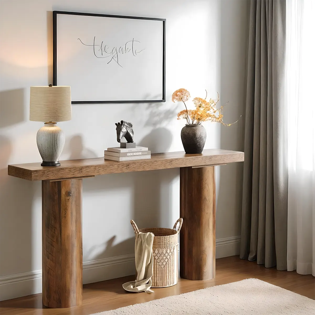 Natural Wood Console Table with Round Pillar Legs – 63 Inches Long, Modern Style 