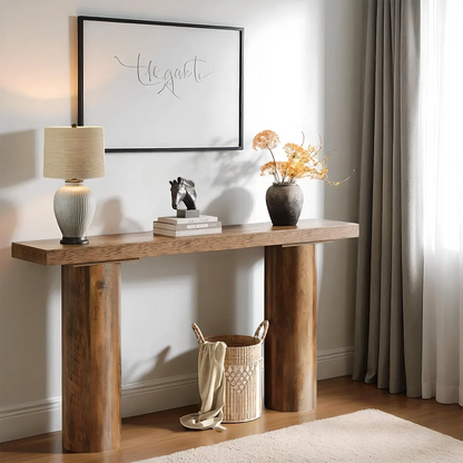 Natural Wood Console Table with Round Pillar Legs – 63 Inches Long, Modern Style 