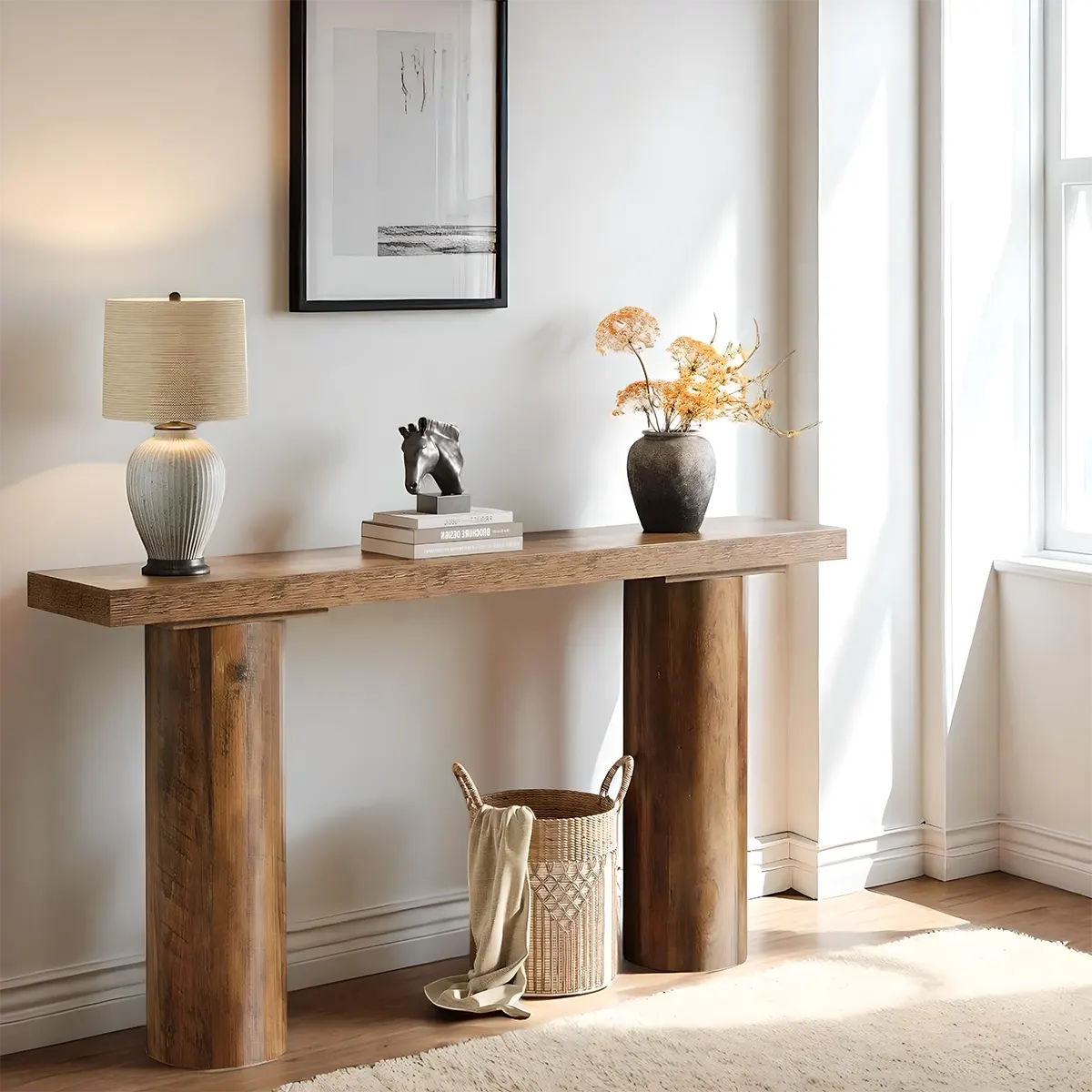 Natural Wood Console Table with Round Pillar Legs – 63 Inches Long, Modern Style 
