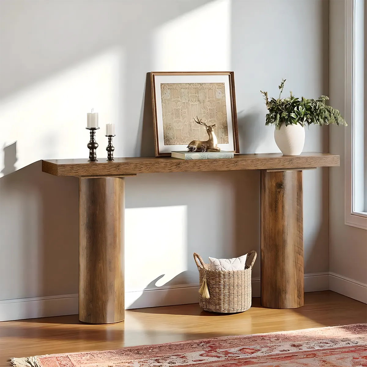 Natural Wood Console Table with Round Pillar Legs – 63 Inches Long, Modern Style 