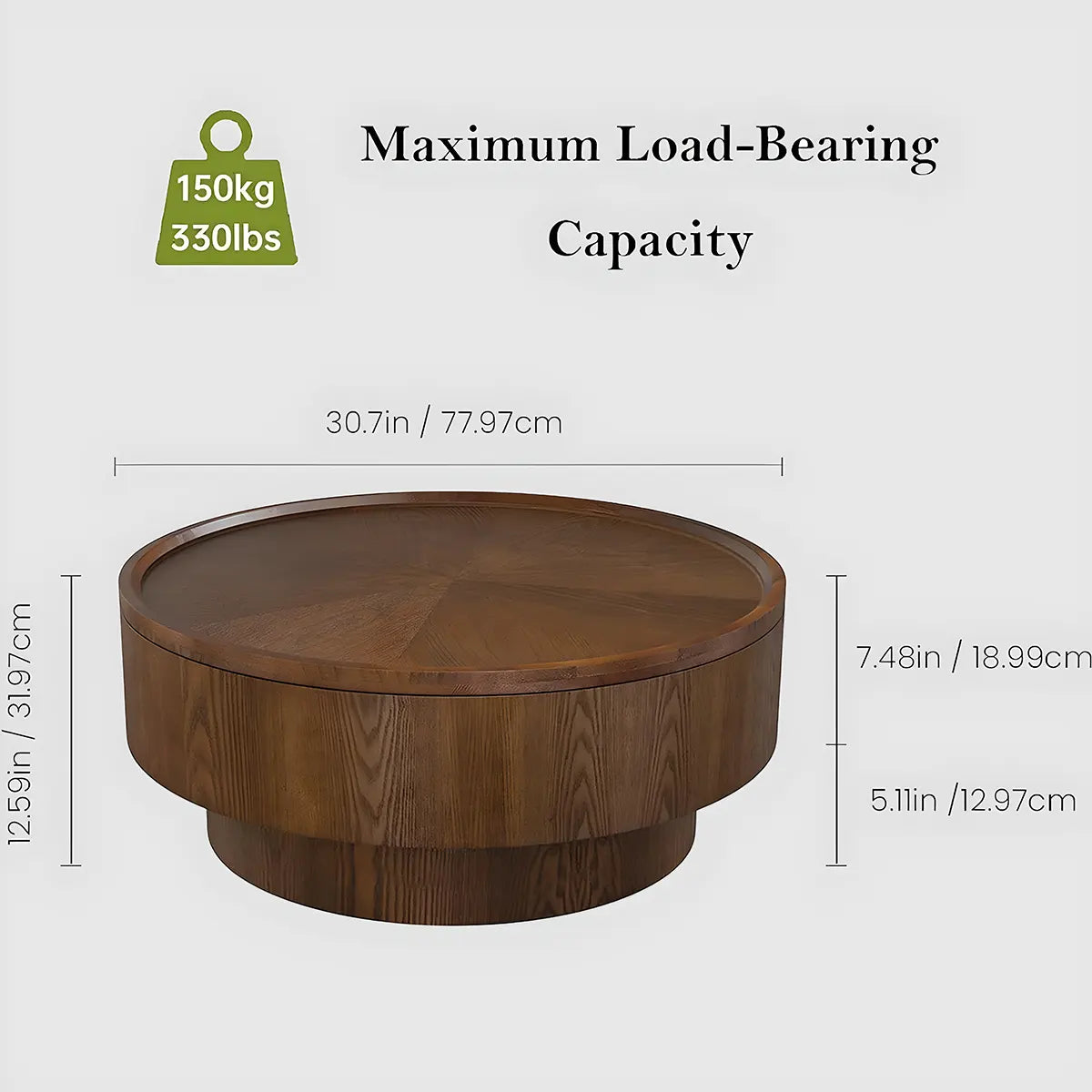 Natural Wood Round Coffee Table – Hidden Storage Shelf, Modern Design 
