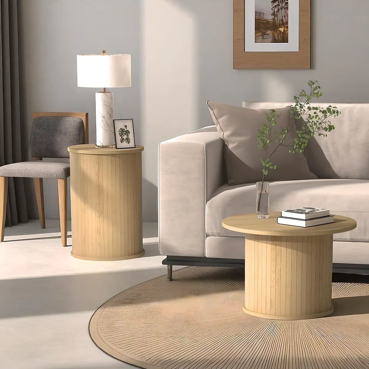 Natural Wood Round Coffee Table Set – Large Size 55cm & Small Size 38cm – Modern Nesting Design 