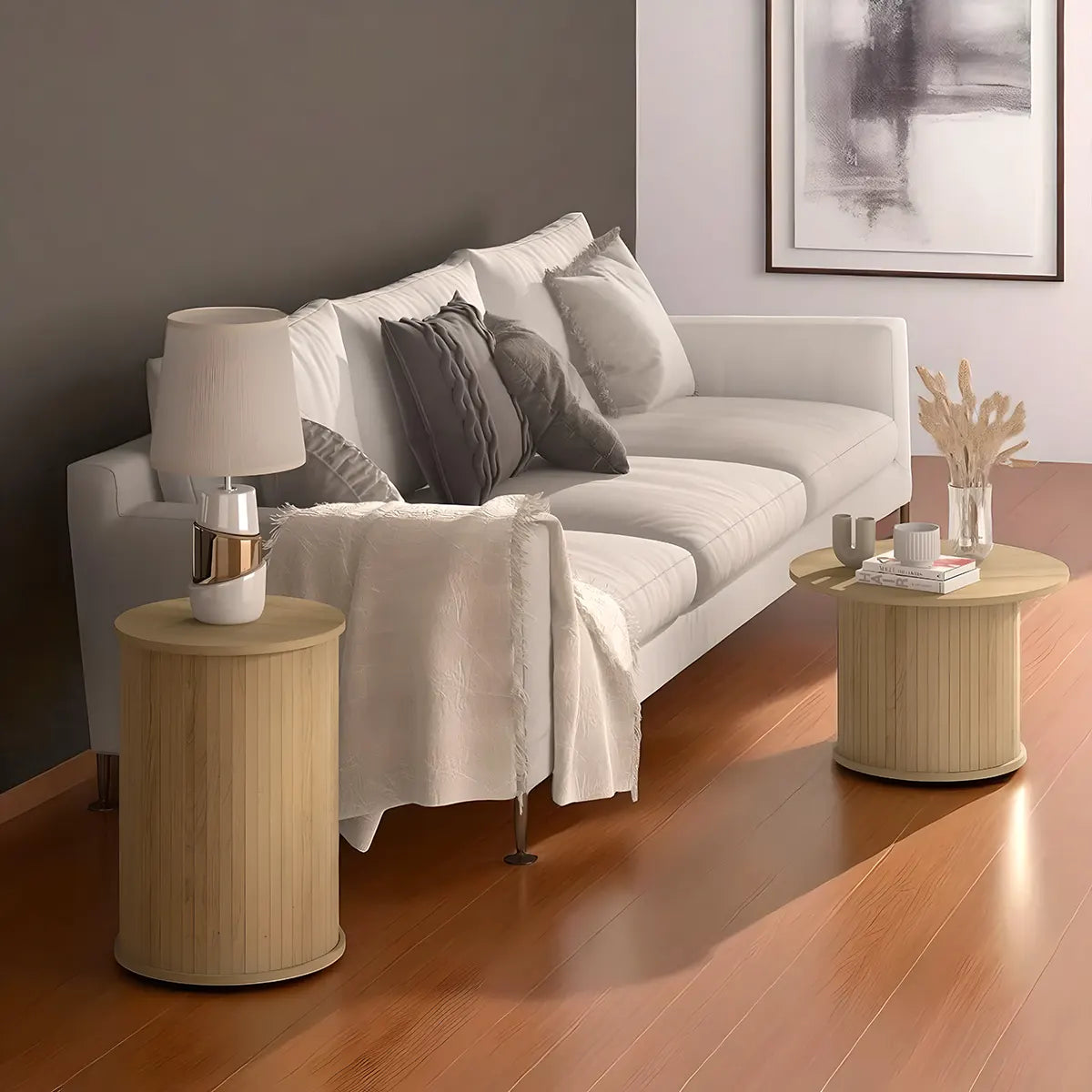 Natural Wood Round Coffee Table Set – Large Size 55cm & Small Size 38cm – Modern Nesting Design 