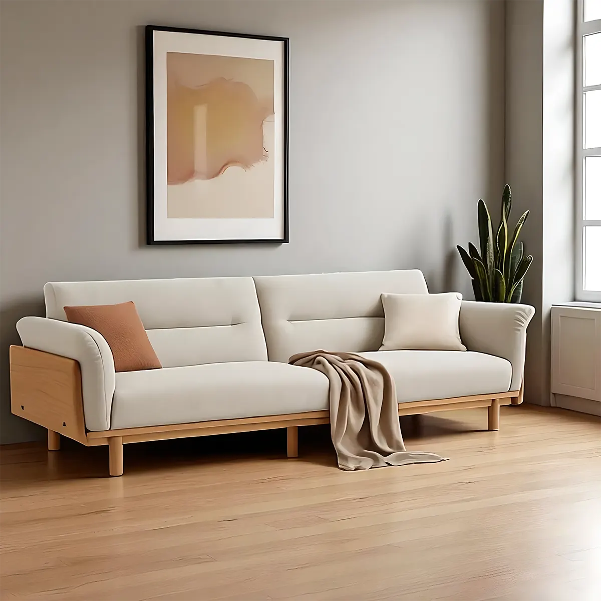 Natural ash wood sofa – sturdy frame, bright wood grain, modern design 