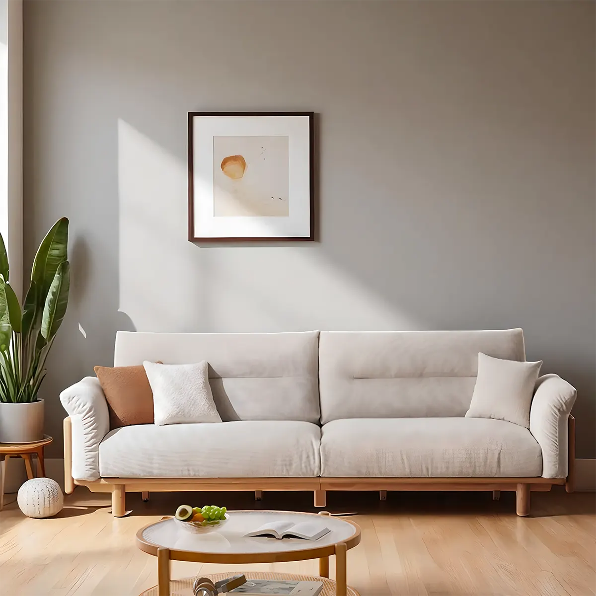 Natural ash wood sofa – sturdy frame, bright wood grain, modern design 