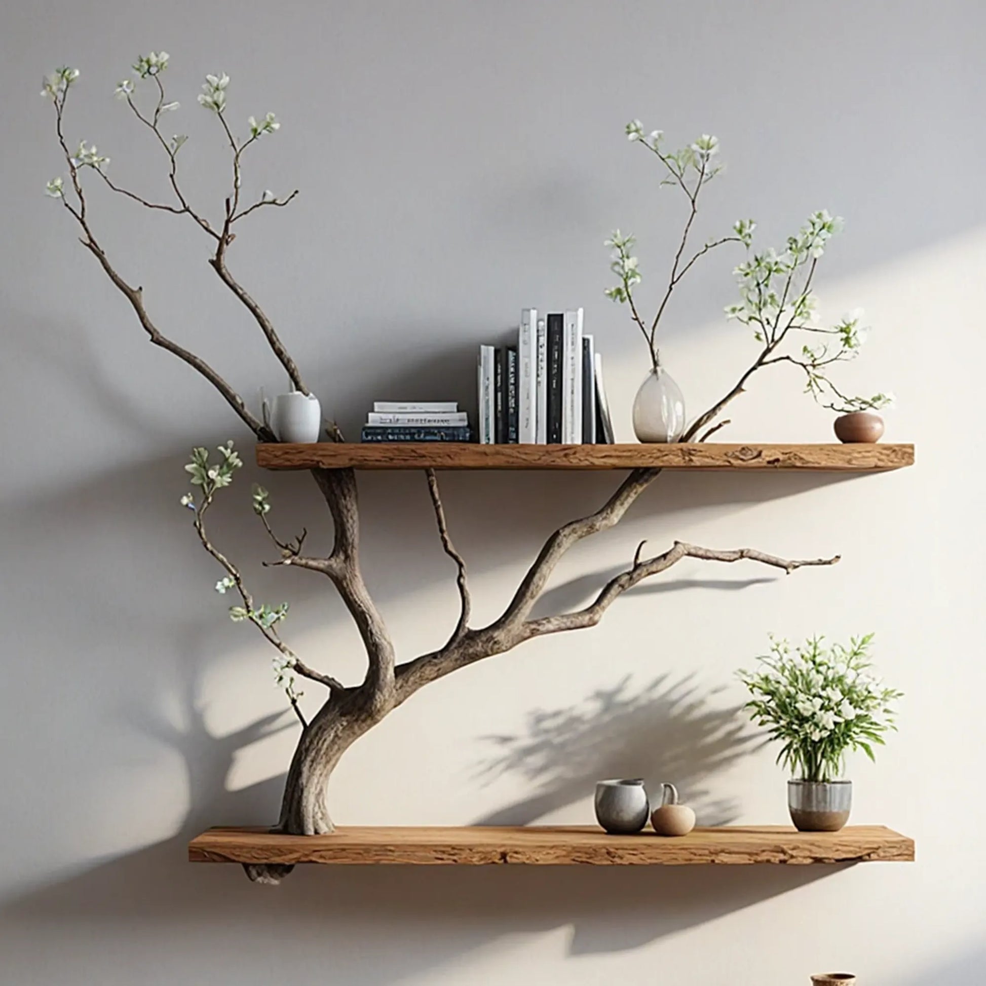 Natural wooden art branch bookshelf next to a unique floating corner bookshelf decorates the home. 