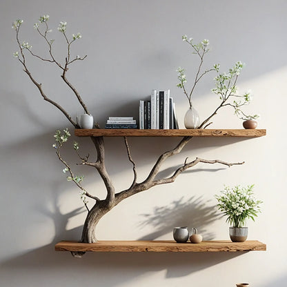 Natural wooden art branch bookshelf next to a unique floating corner bookshelf decorates the home. 