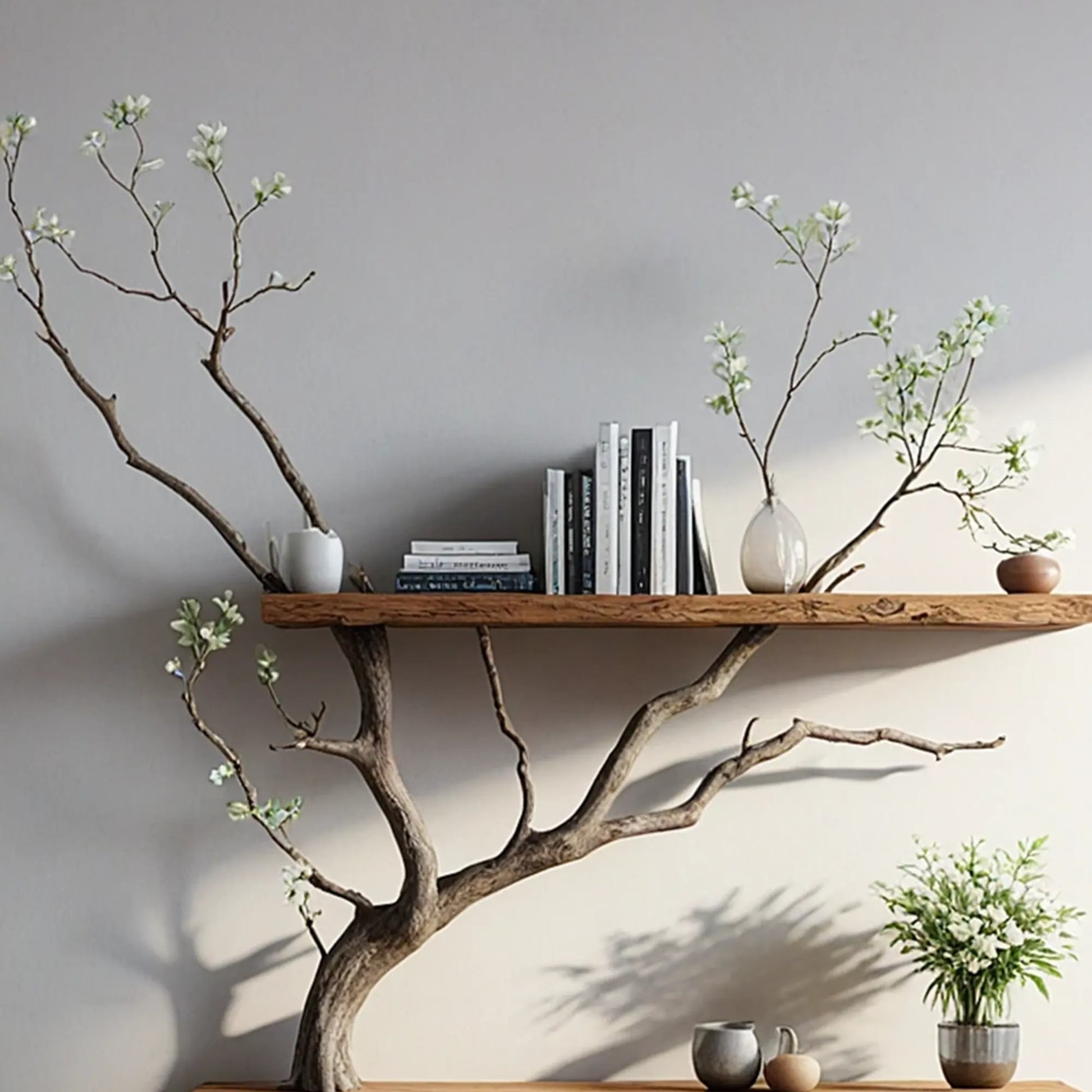 Natural wooden art branch bookshelf next to a unique floating corner bookshelf decorates the home. 