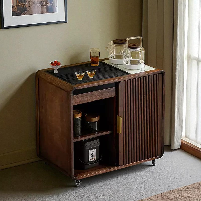 Wooden Tea Cabinet with Wheels – Compact Storage Design