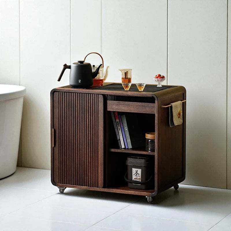 Wooden Tea Cabinet with Wheels – Compact Storage Design