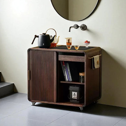 Wooden Tea Cabinet with Wheels – Compact Storage Design