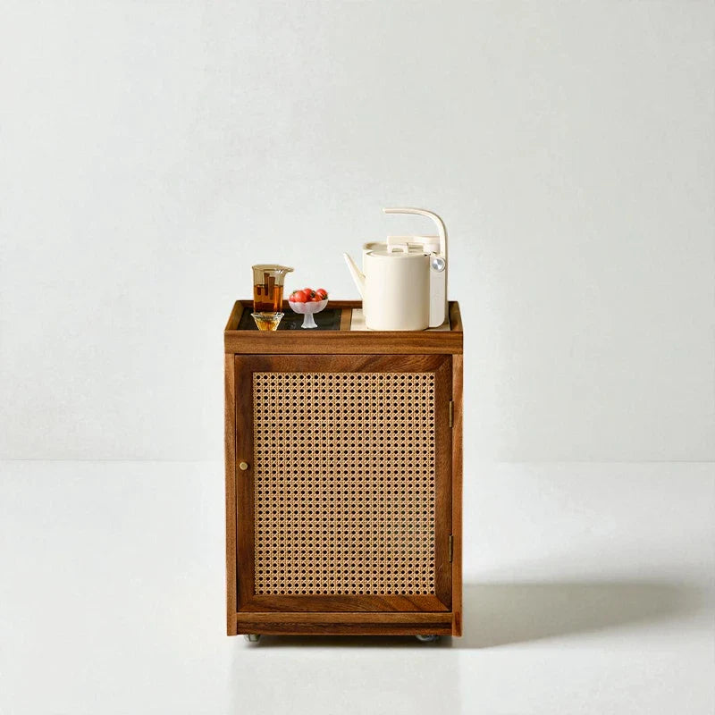 Wooden Tea Cabinet with Rattan Door – Portable Solid Wood