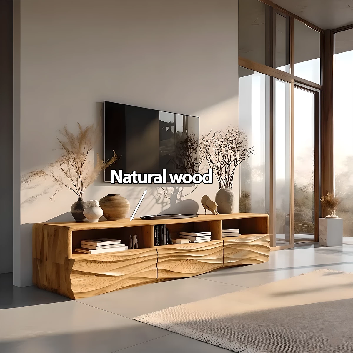 Oak Sculpted TV Stand with Open Shelves – Japandi Media Console - Rustira