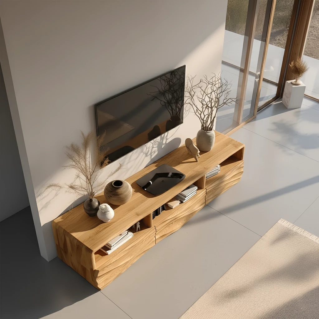 Oak Sculpted TV Stand with Open Shelves – Japandi Media Console - Rustira