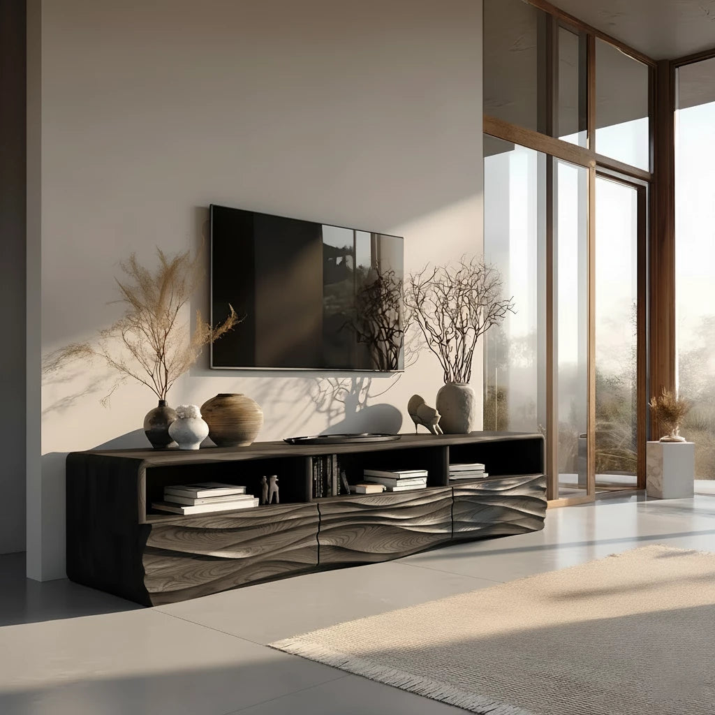 Oak Sculpted TV Stand with Open Shelves – Japandi Media Console - Rustira