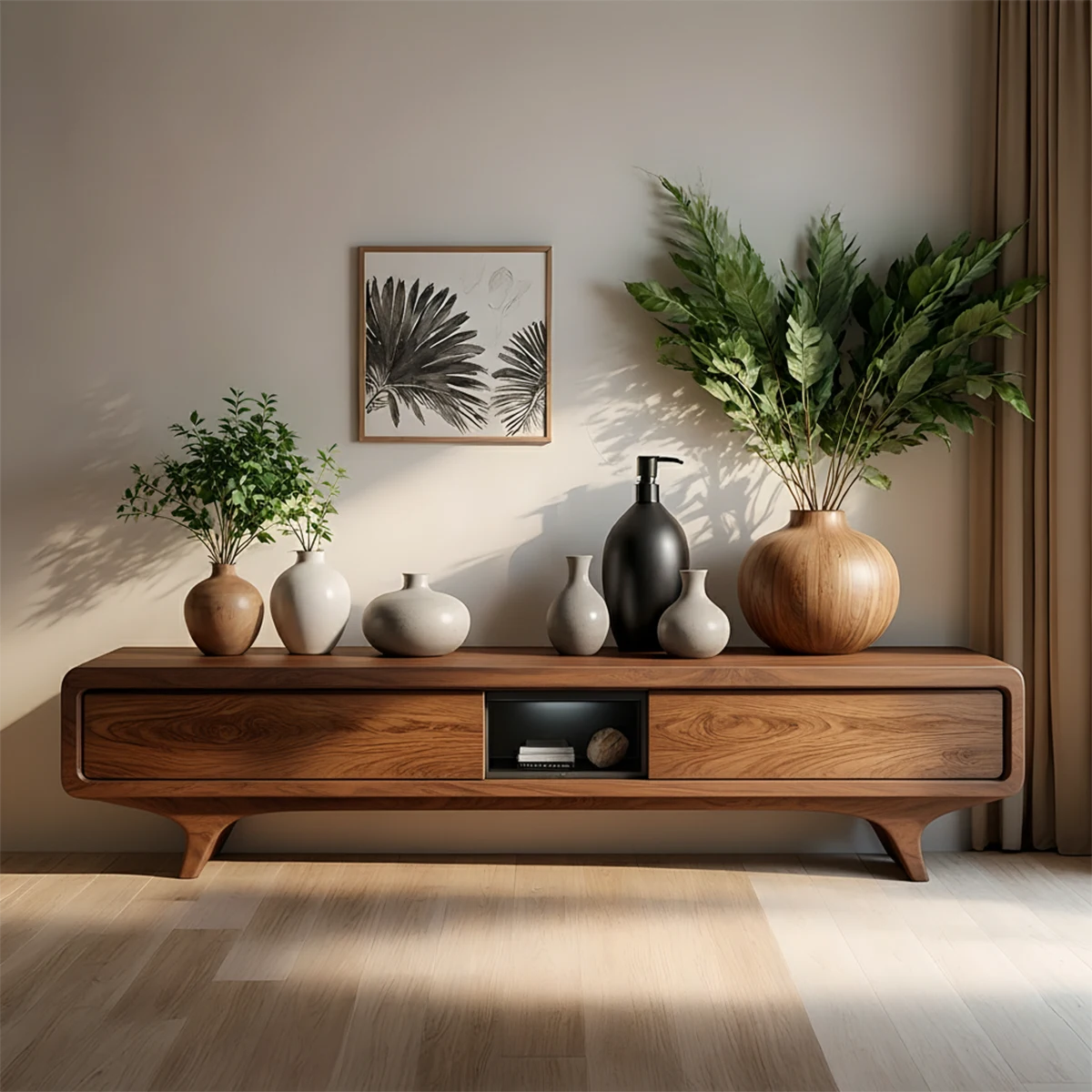 Organic Curved Solid Wood TV Stand – Mid-Century Modern Media Console - Rustira