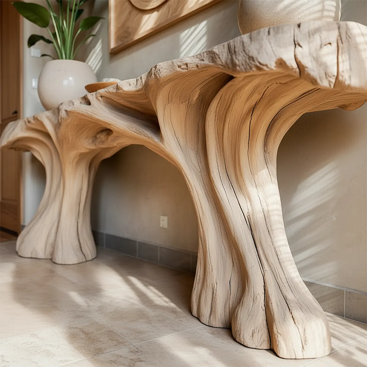 Organic Sculptural Solid Wood Console Table — Natural Modern Design - Rustira