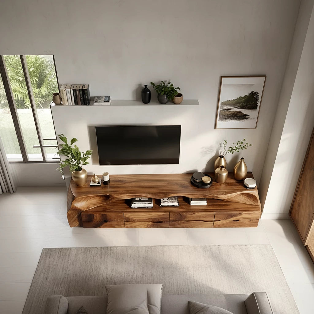 Organic Solid Wood Wave TV Stand - Sculpted Luxury Media Console - Rustira