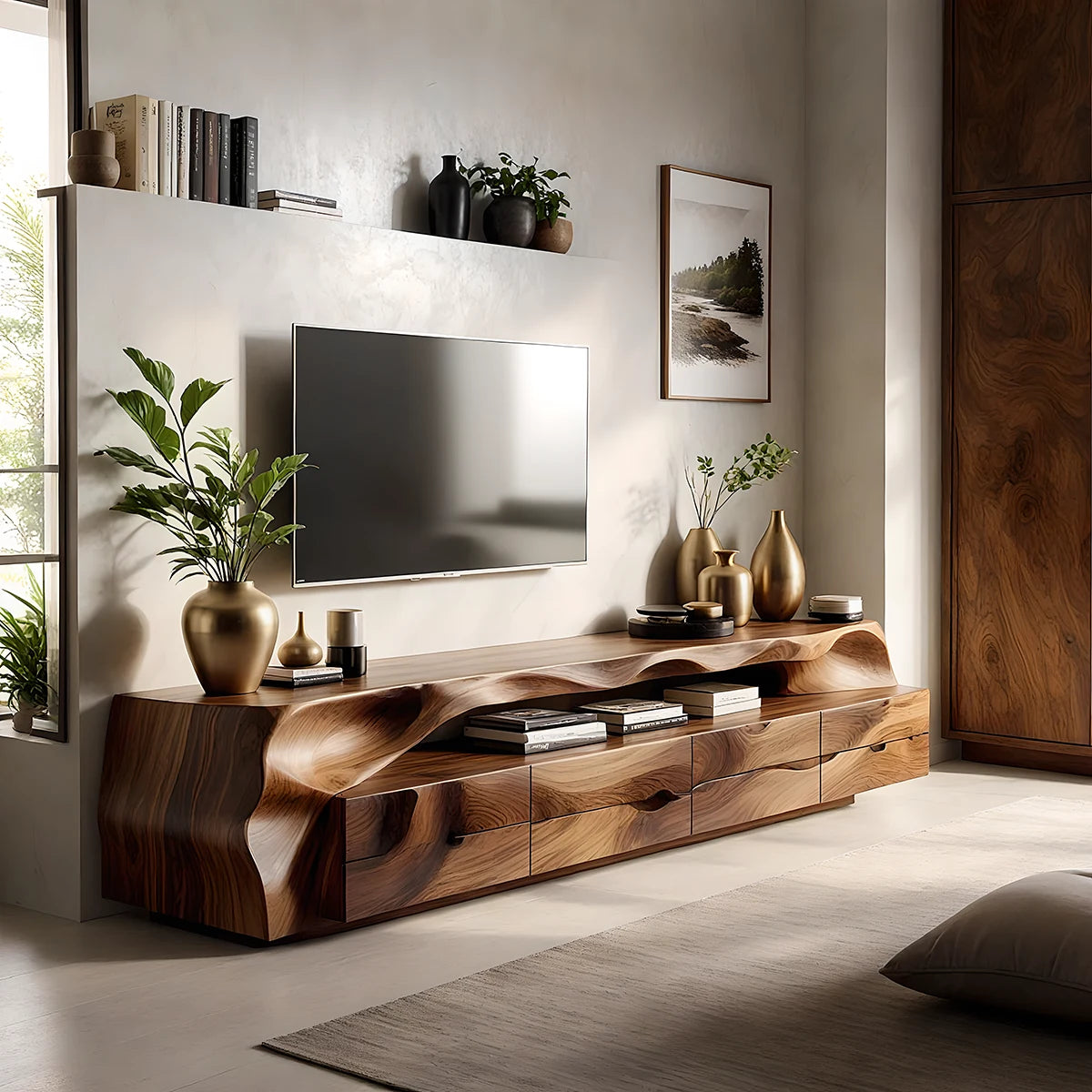 Organic Solid Wood Wave TV Stand - Sculpted Luxury Media Console - Rustira
