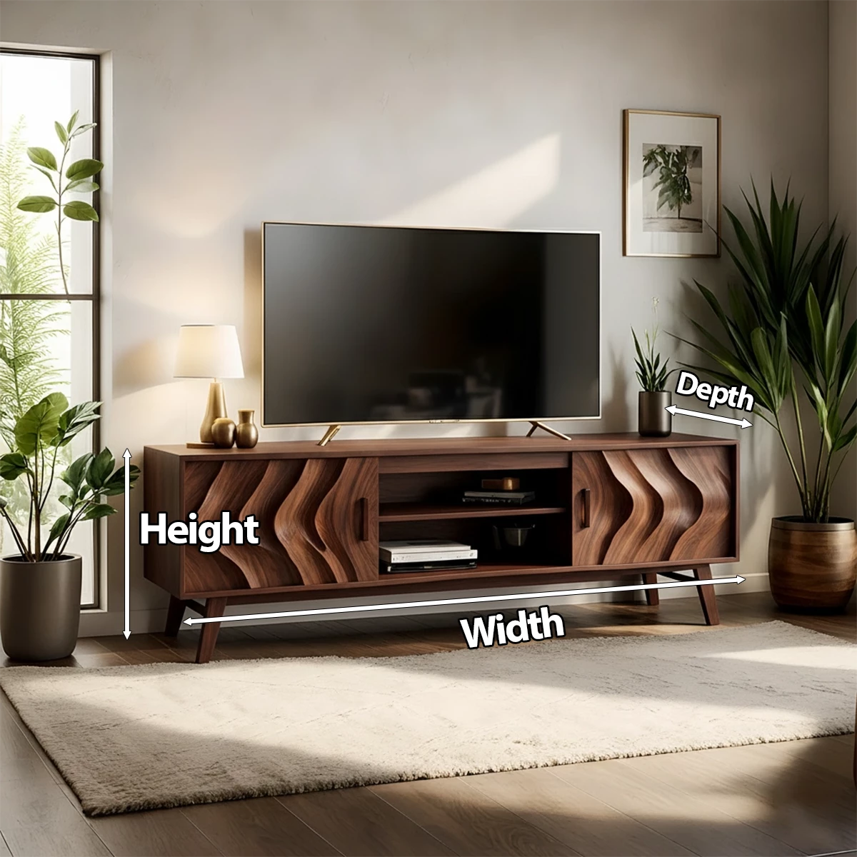 Organic Wave-Front Walnut TV Console - Mid-Century Sculpted Media Unit - Rustira