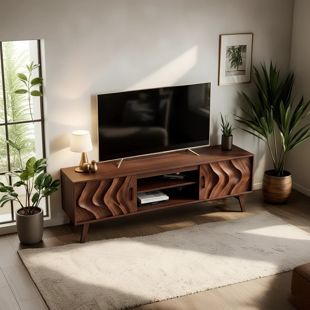 Organic Wave-Front Walnut TV Console - Mid-Century Sculpted Media Unit - Rustira
