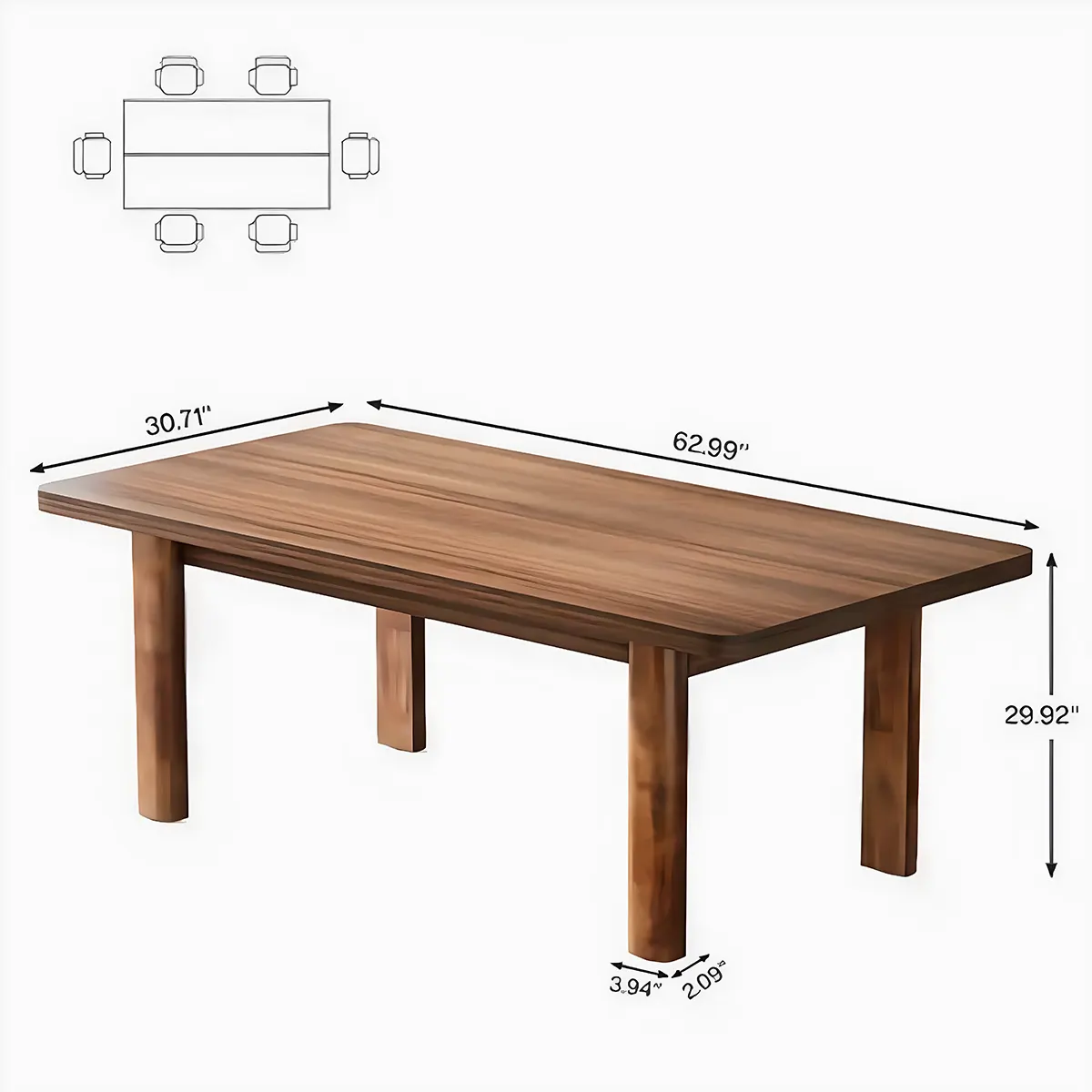 Rectangular Natural Wood Dining Table – Modern Design, Size 62.99" x 30.71" x 29.92" 