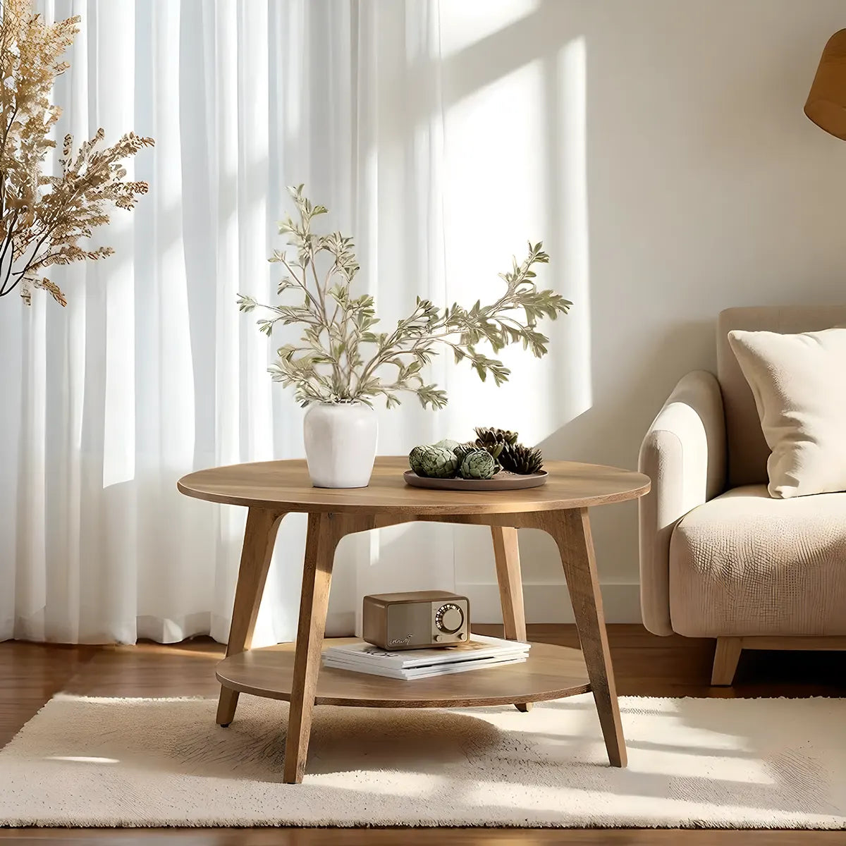 Round Wooden Coffee Table — Minimalist Design, 2 Convenient Tiers 