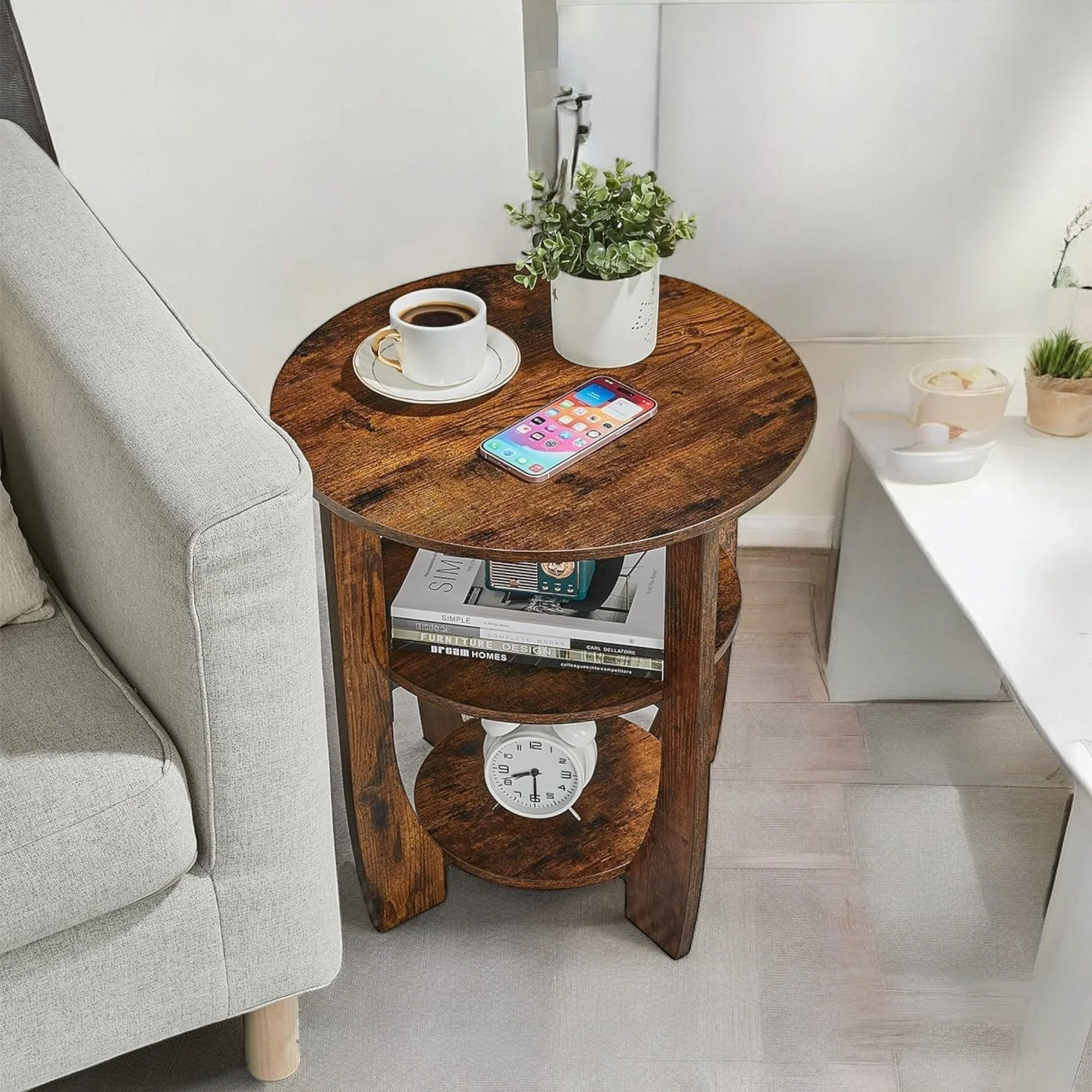 Round Wooden Side Table with 3-Tier Storage Shelves 