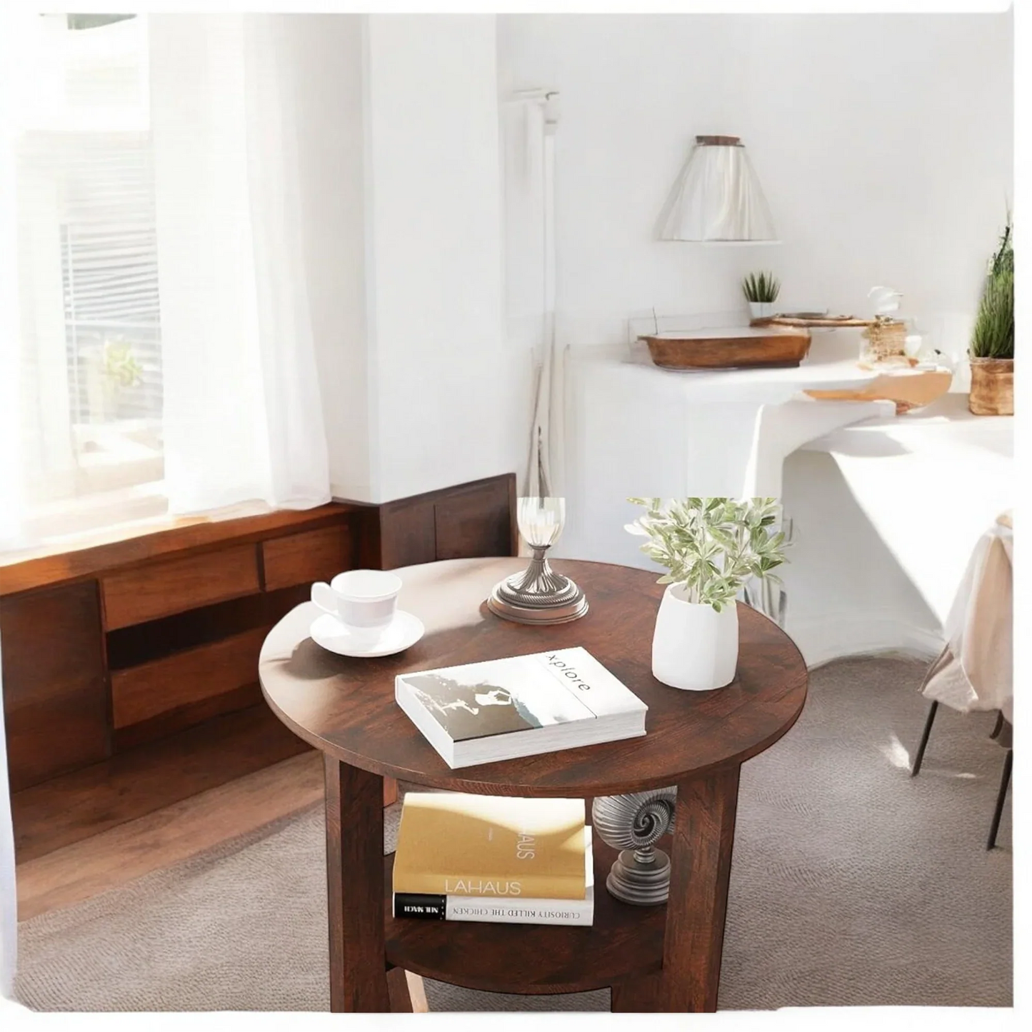 Round Wooden Side Table with 3-Tier Storage Shelves 
