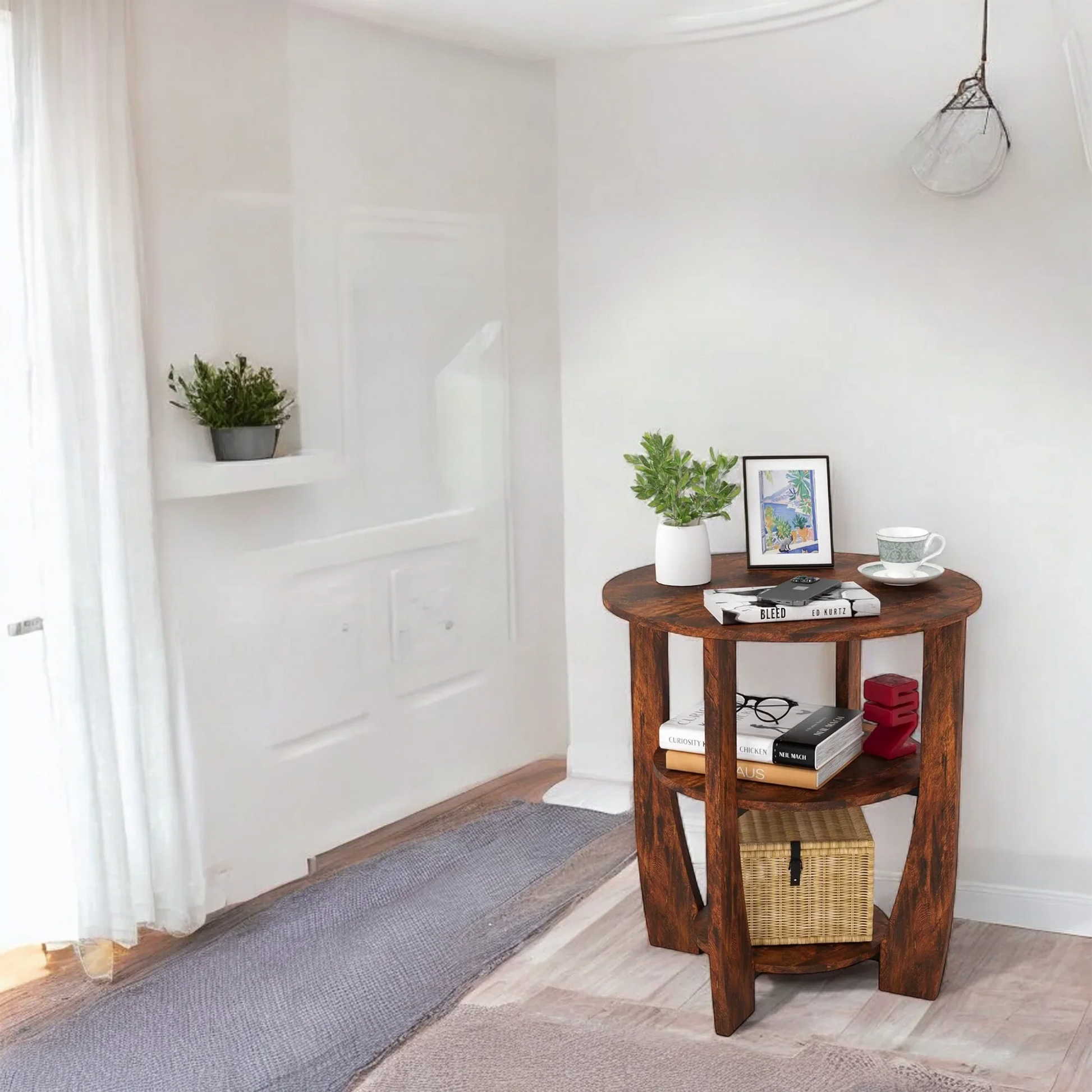 Round Wooden Side Table with 3-Tier Storage Shelves 
