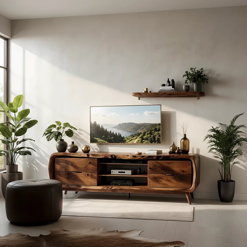 Rounded Edge Solid Wood TV Stand - Organic Modern Media Console - Rustira