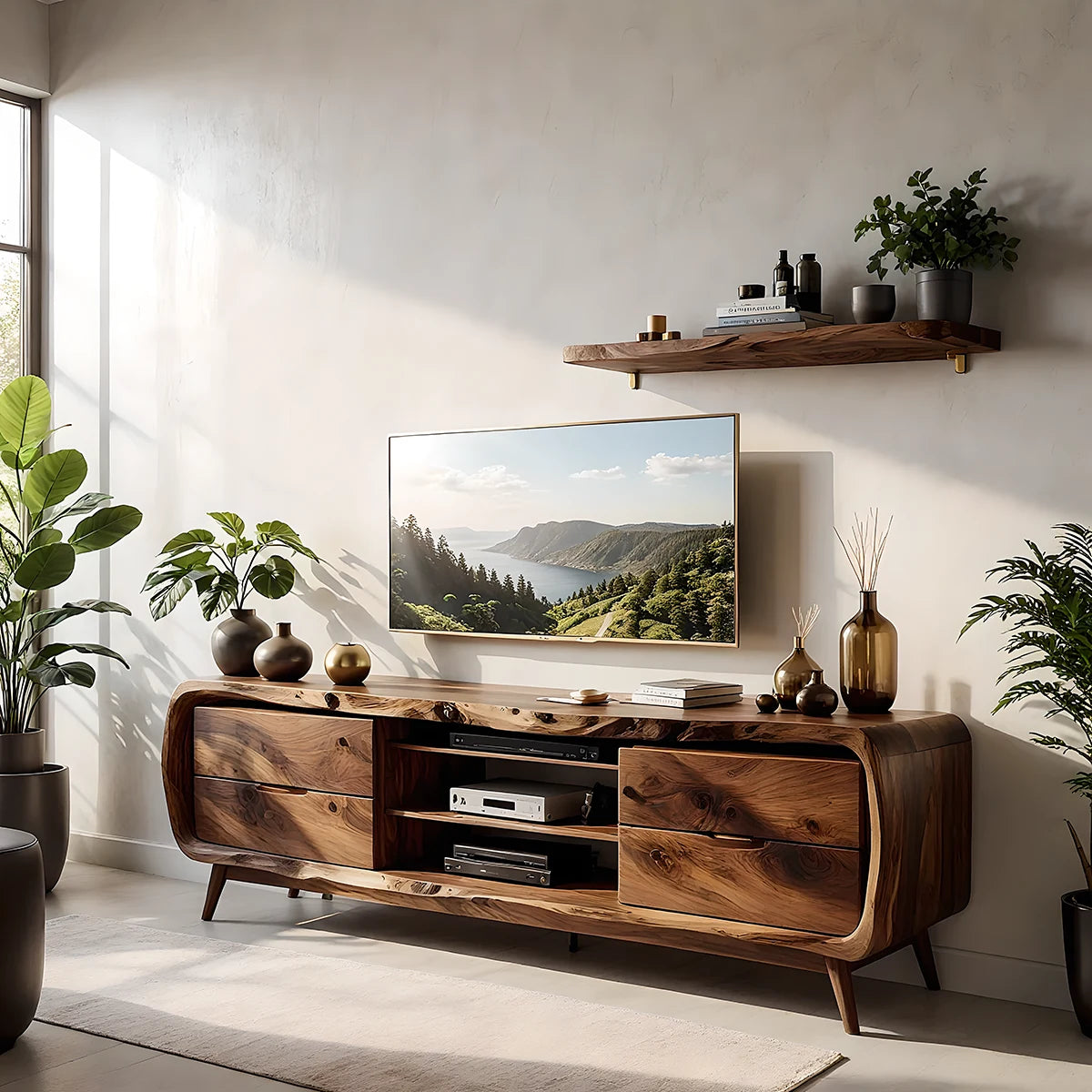 Rounded Edge Solid Wood TV Stand - Organic Modern Media Console - Rustira