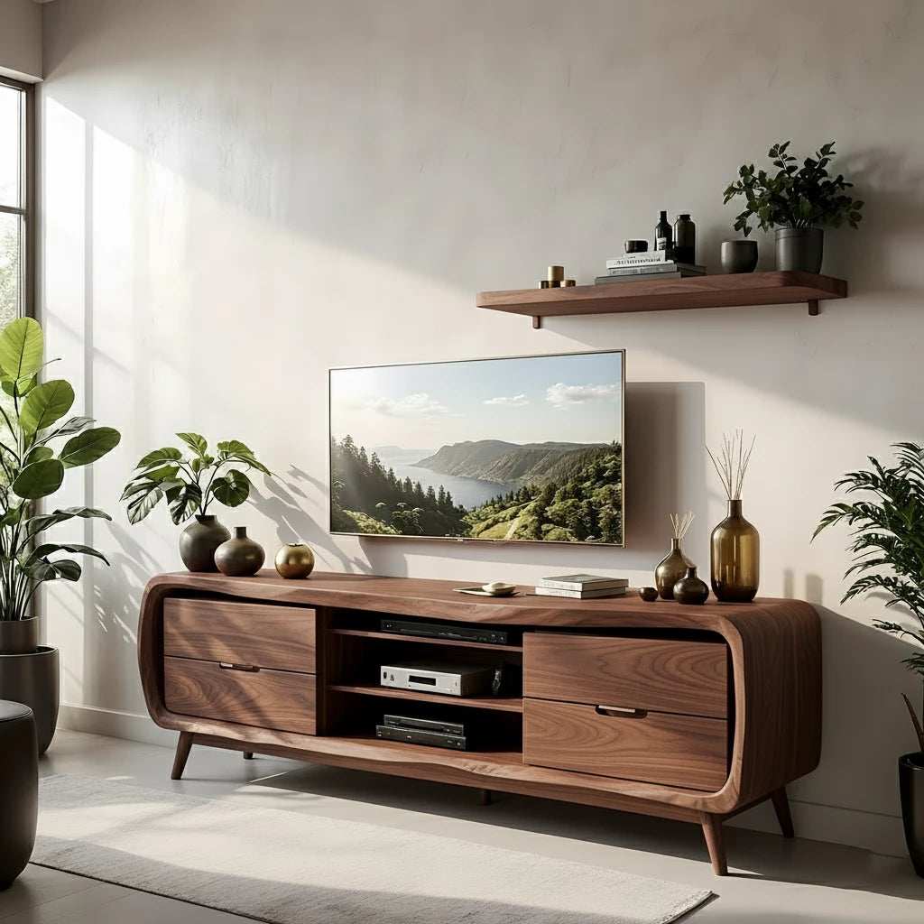 Rounded Edge Solid Wood TV Stand - Organic Modern Media Console - Rustira