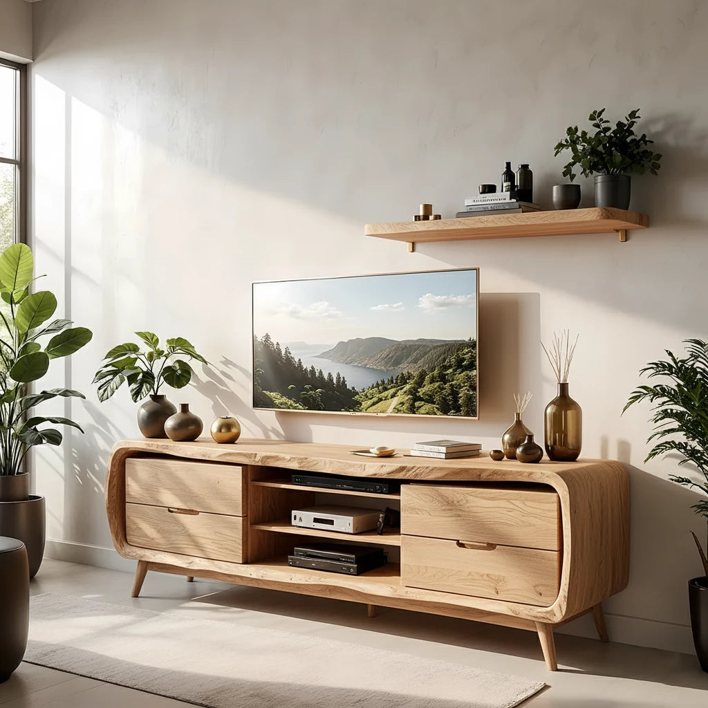 Rounded Edge Solid Wood TV Stand - Organic Modern Media Console - Rustira