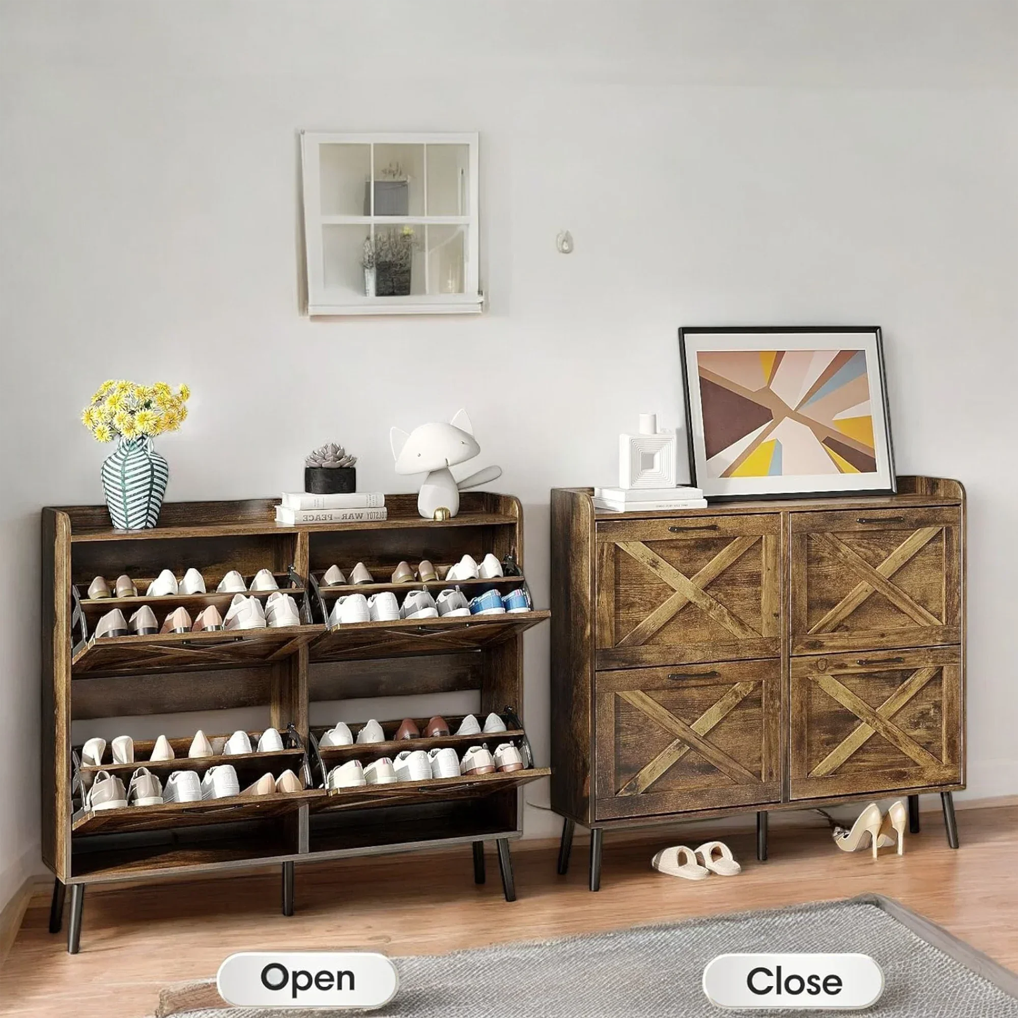 Rustic 4-Tier Wooden Shoe Cabinet with Flip Drawers & Legs 