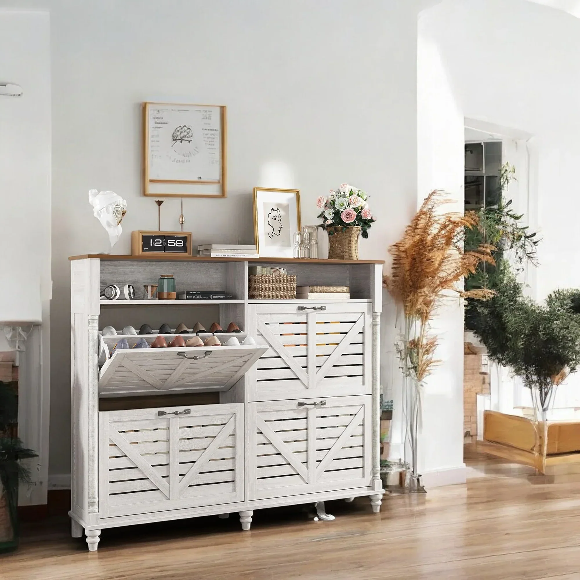 Rustic Farmhouse Shoe Cabinet with Flip Drawers & Storage 