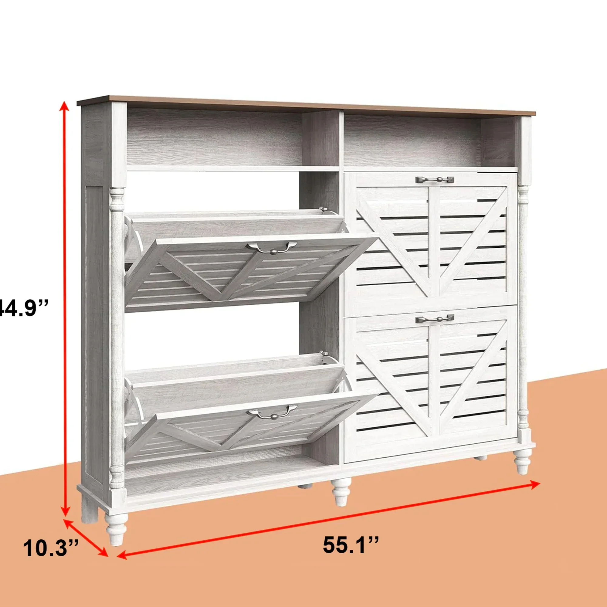 Rustic Farmhouse Shoe Cabinet with Flip Drawers & Storage 