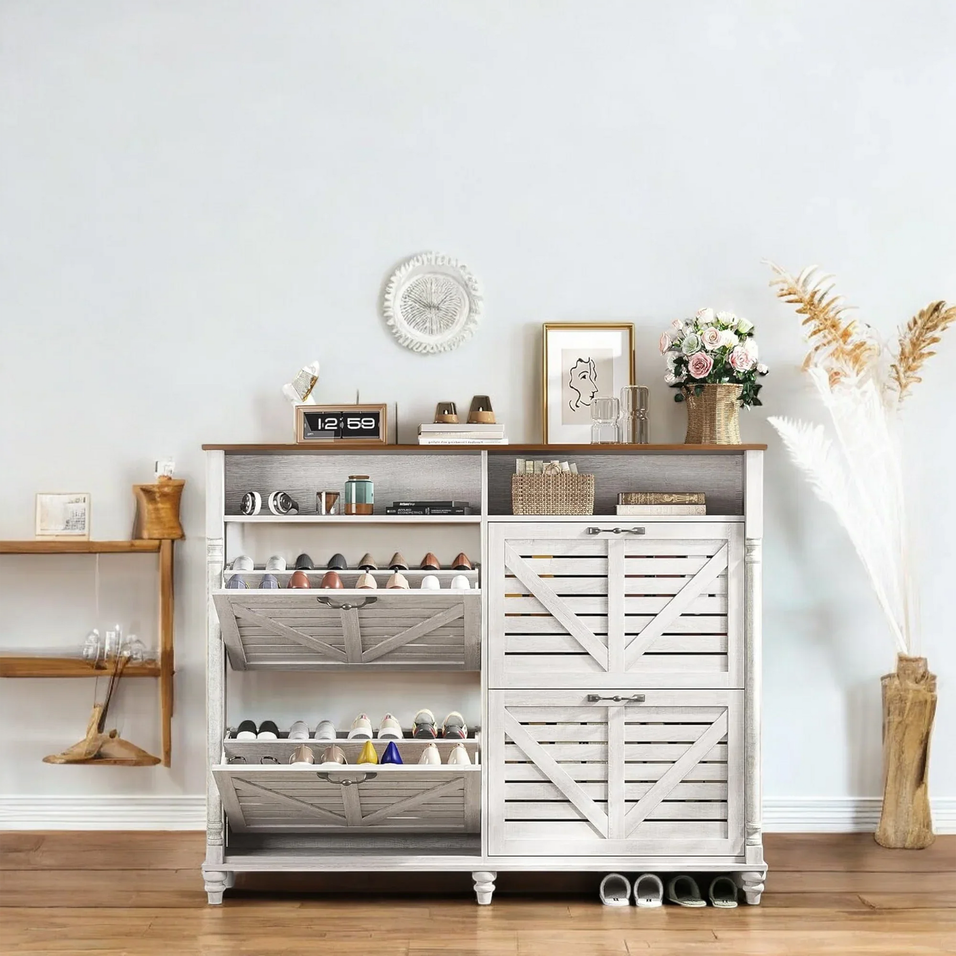 Rustic Farmhouse Shoe Cabinet with Flip Drawers & Storage 