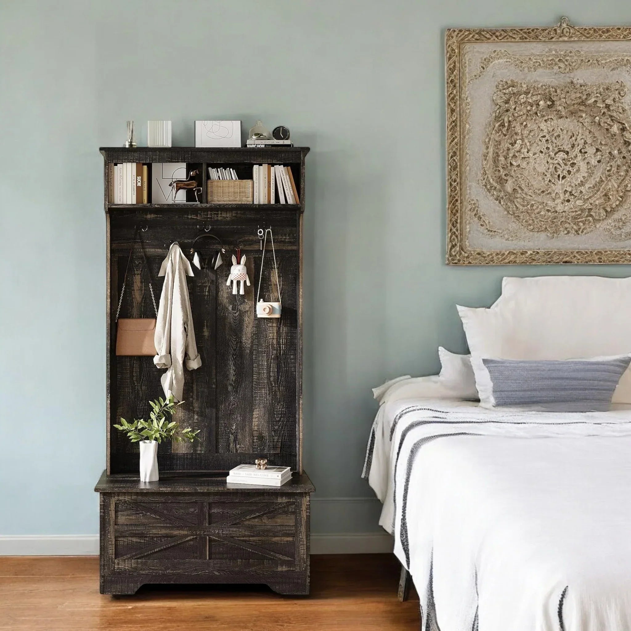 Rustic Hall Tree with Hooks & Storage Bench – 70.9” Entryway Organizer 