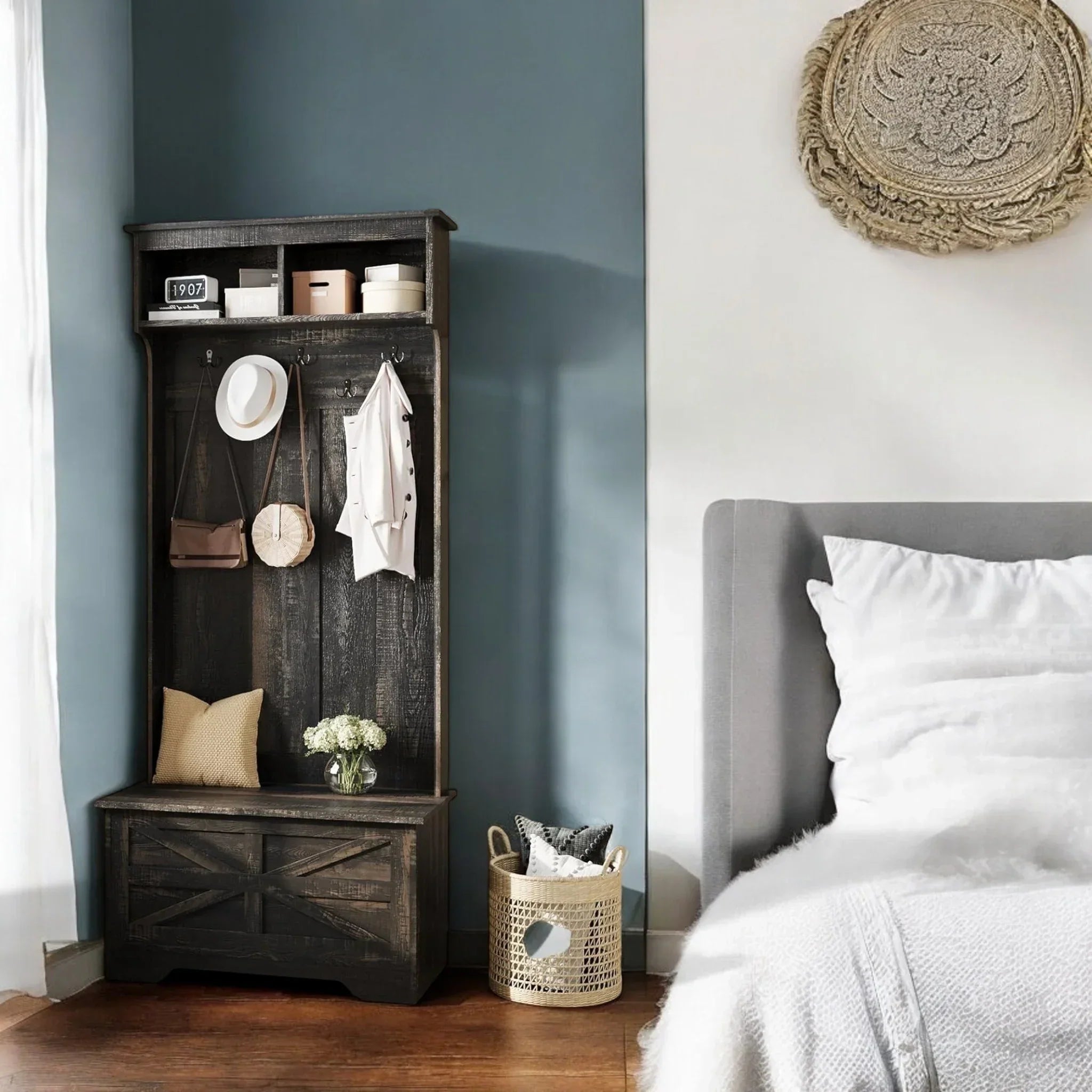 Rustic Hall Tree with Hooks & Storage Bench – 70.9” Entryway Organizer 