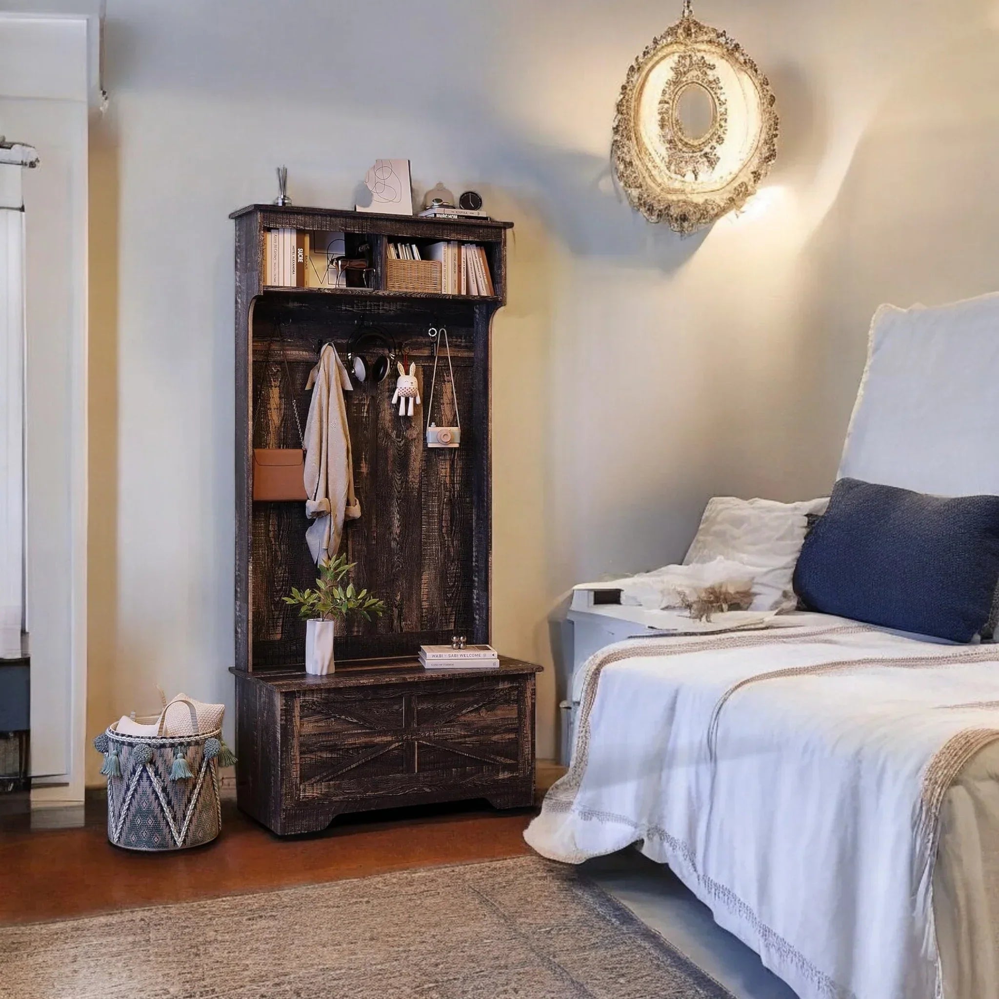 Rustic Hall Tree with Hooks & Storage Bench – 70.9” Entryway Organizer 