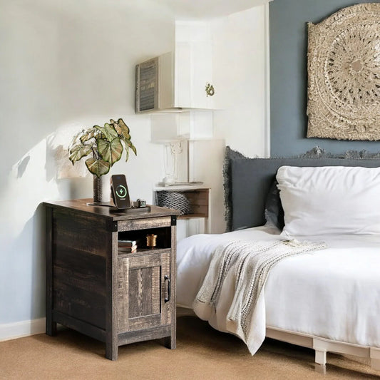 Rustic Nightstand with Cabinet Door & Open Shelf for Bedroom 