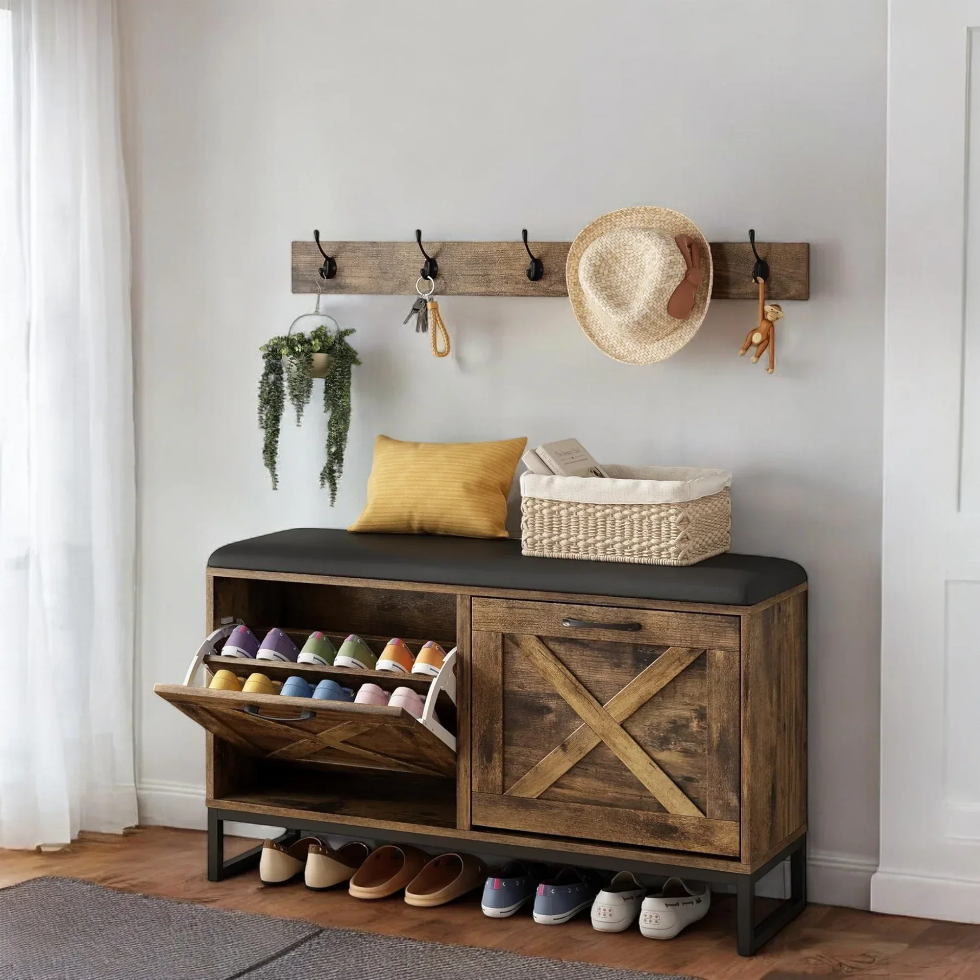 Rustic Shoe Storage Bench with Cushion & Coat Rack – 2 Flip Drawers 