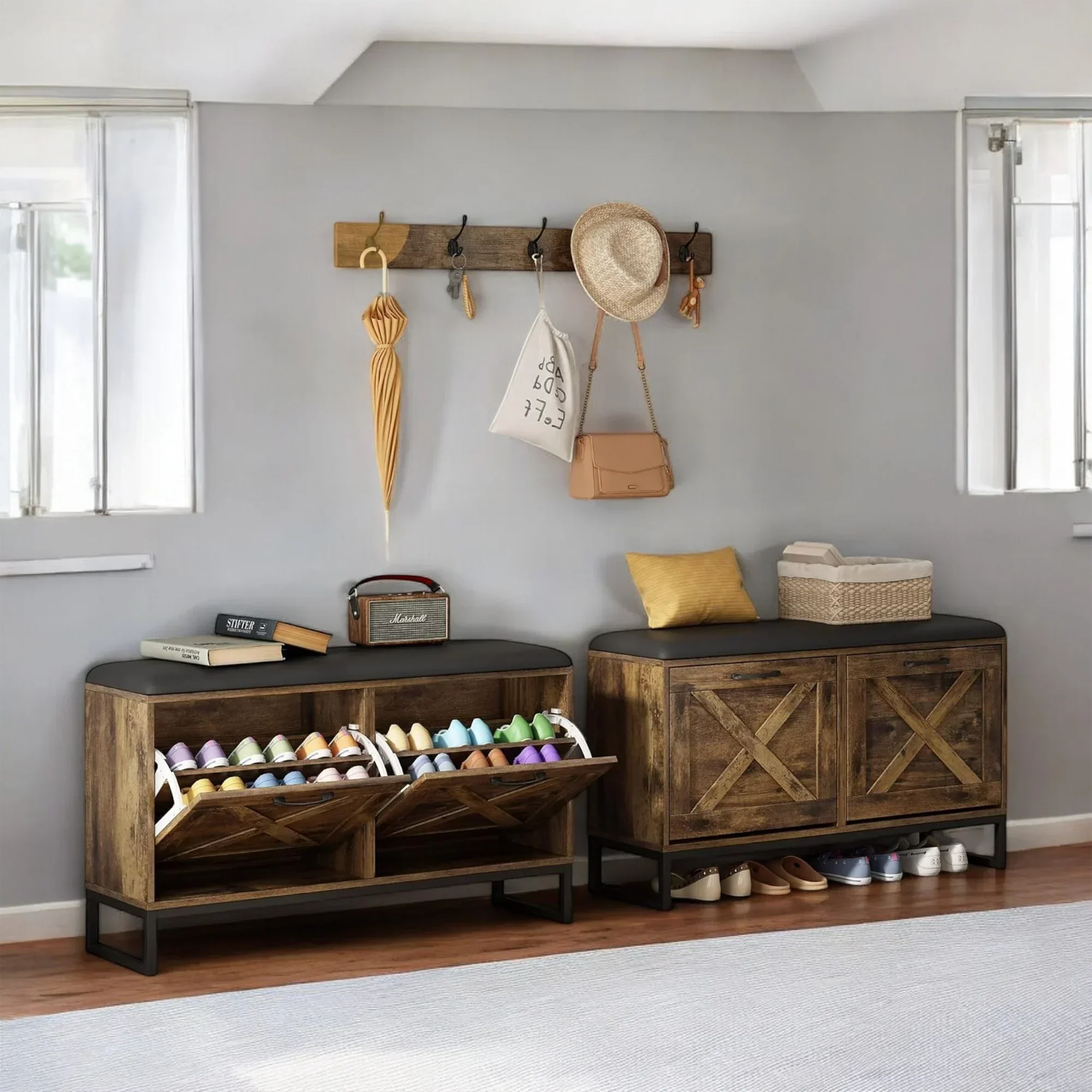 Rustic Shoe Storage Bench with Cushion & Coat Rack – 2 Flip Drawers 