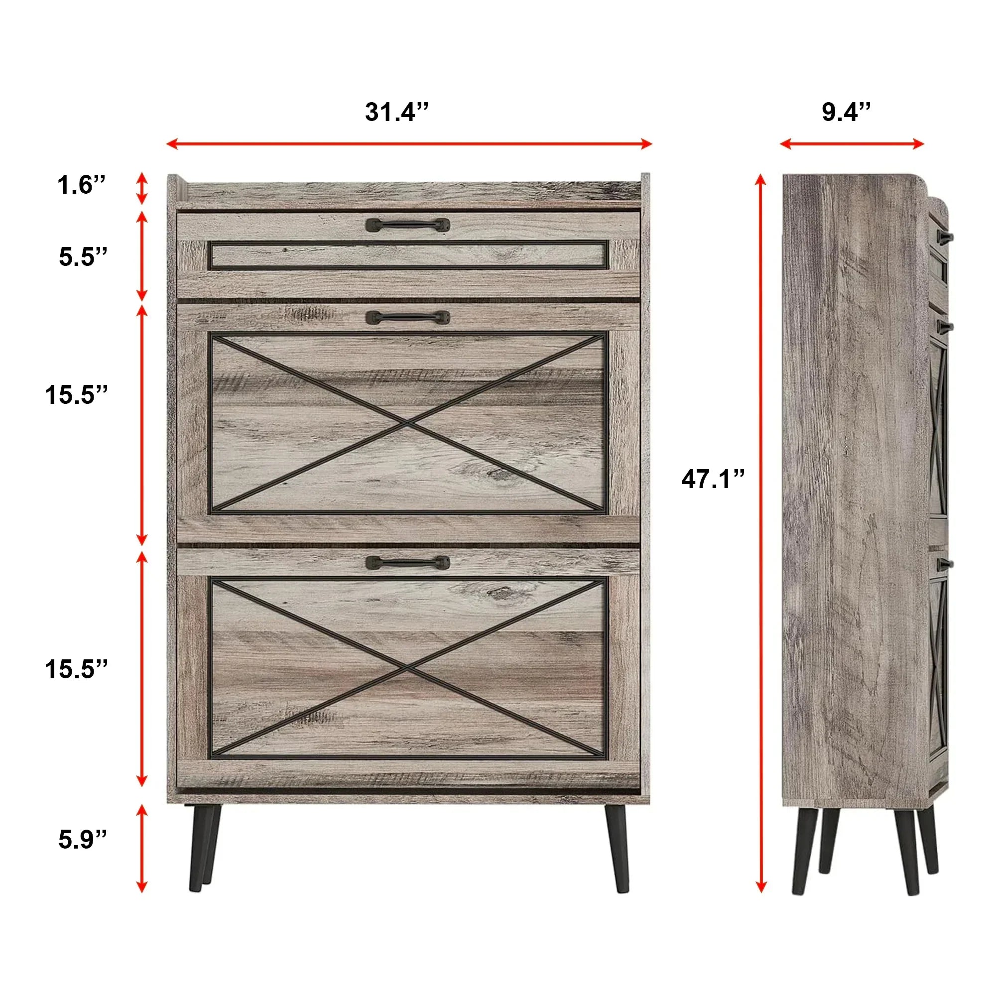 Rustic Slim Shoe Cabinet with Drawer – 3 Flip Tiers, Space-Saving 